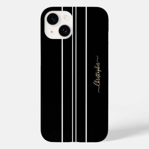 Black White Racing Stripes Chic Gold Monogrammed Case_Mate iPhone 14 Case