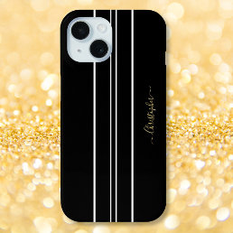 Black White Racing Stripes Chic Gold Monogrammed iPhone 15 Case