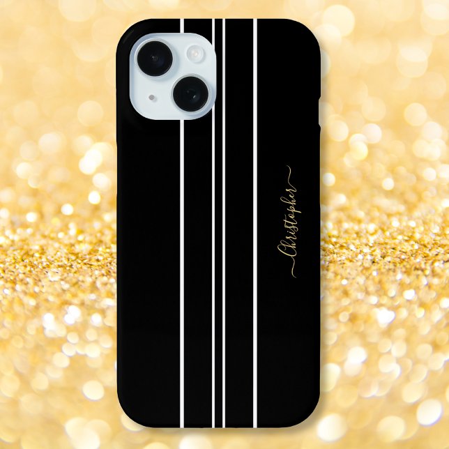Black White Racing Stripes Chic Gold Monogrammed Case-Mate iPhone Case (Black White Racing Stripes Chic Gold Monogrammed Case-Mate iPhone Case)