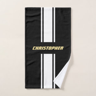 Black White Racing Stripes Faux Gold Monogrammed Bath Towel Set