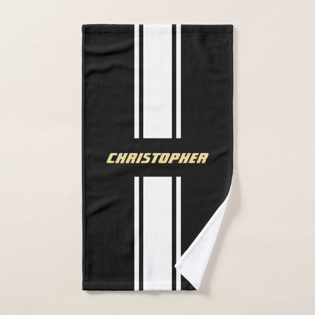 Black White Racing Stripes Faux Gold Monogrammed Bath Towel Set (Hand Towel)