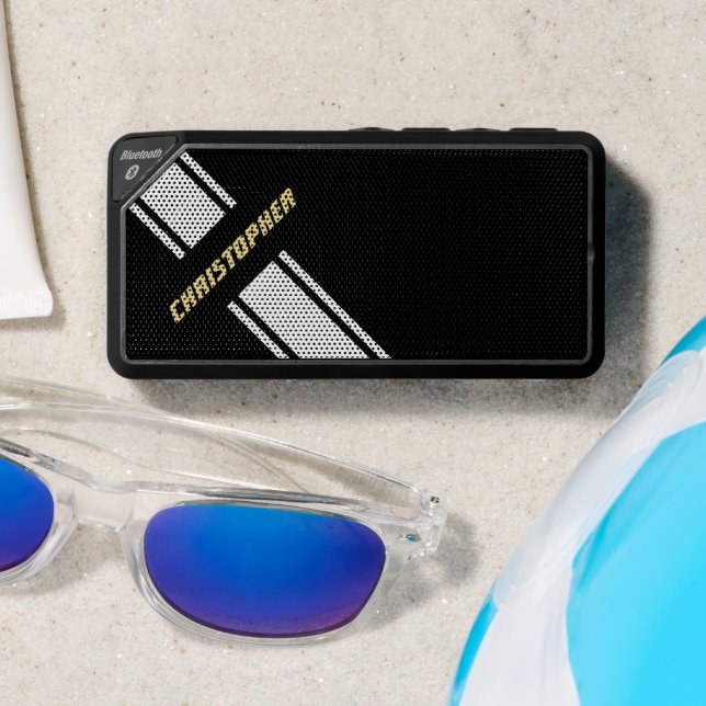 Black White Racing Stripes Faux Gold Monogrammed Bluetooth Speaker (Insitu(Beach))