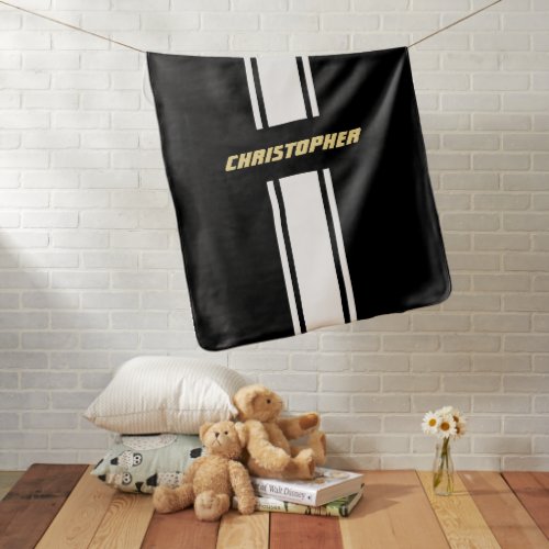 Black White Racing Stripes Gold Monogram Cozy Soft Baby Blanket