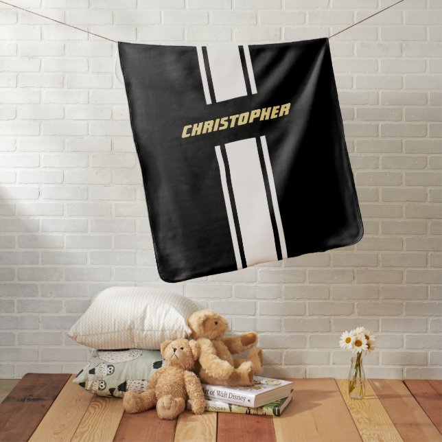 Black White Racing Stripes Gold Monogram Cozy Soft Baby Blanket (In Situ)