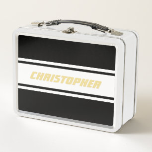 Black White Racing Stripes Gold Monogram Kids Boys Metal Lunch Box