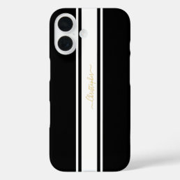Black White Racing Stripes Gold Monogrammed Chic iPhone 16 Case
