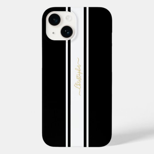 Black White Racing Stripes Gold Monogrammed Chic Case_Mate iPhone 14 Case