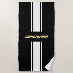 Black White Racing Stripes Gold Monogrammed Pool Beach Towel