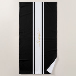 Black White Racing Stripes Gold Monogrammed Pool Beach Towel