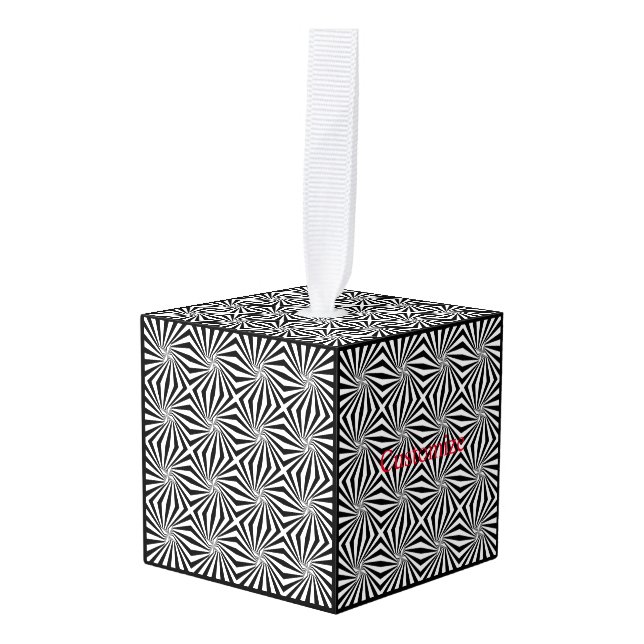 Black White Radiating Pattern Thunder_Cove Cube Ornament (Front Angled)