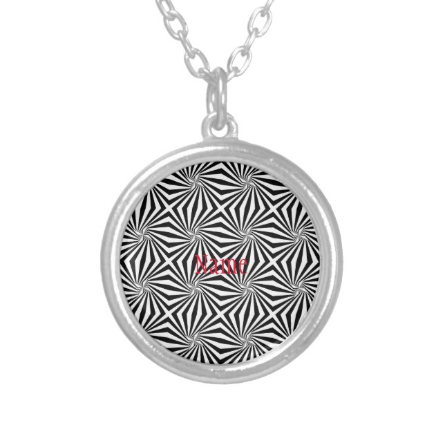 Black White Radiating Pattern Thunder_Cove Silver Plated Necklace (Front)