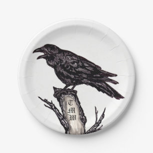 Black & White Raven Crow Gothic Bird Monogram Paper Plates