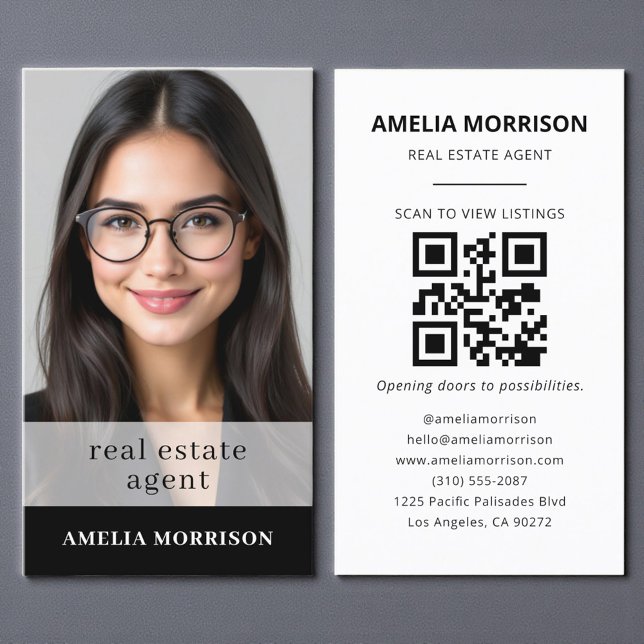 Black White Real Estate Agent QR Code Photo  Business Card (Creator Uploaded)