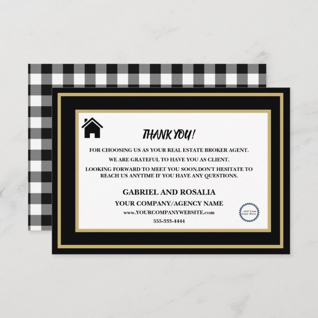  Black & White Real Estate Broker Agent Customer  Thank You Card (Front/Back)