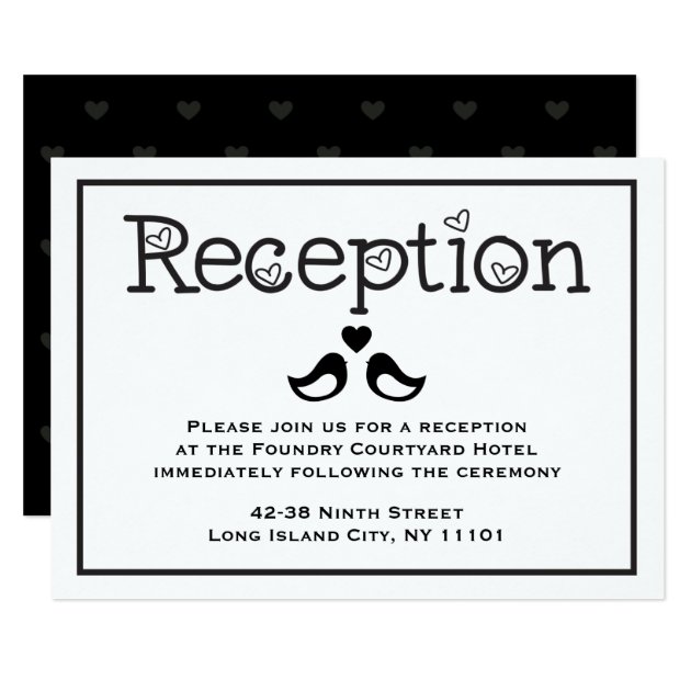 Black  & White Reception Lovebirds Hearts Wedding Card