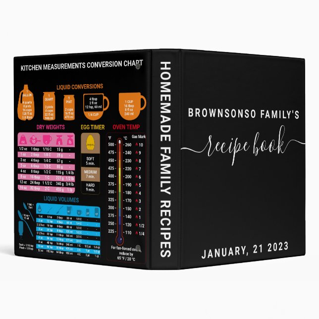 Black White Recipe Kitchen Measurement Conversion 3 Ring Binder (Background)
