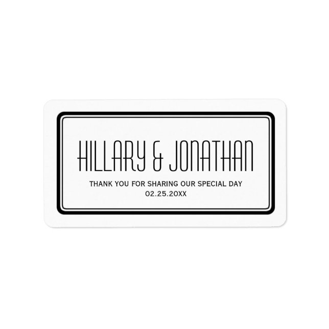 Black white rectangular frame wedding favor labels (Front)