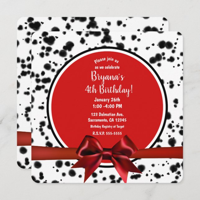 Black White Red Bow Dalmatian Spots Birthday Party Invitation (Front/Back)