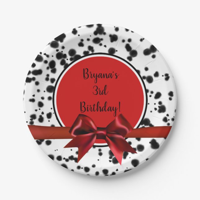 Black White Red Bow Dalmatian Spots Birthday Party Paper Plates (Front)