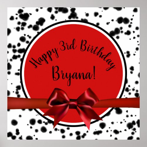 Black White Red Bow Dalmatian Spots Birthday Party Poster