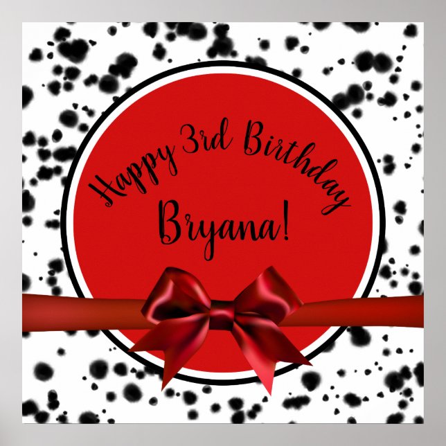 Black White Red Bow Dalmatian Spots Birthday Party Poster (Front)