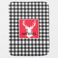 Black White Red Buffalo Plaid Deer Baby Name Baby Blanket