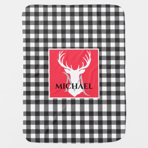 Black White Red Buffalo Plaid Deer Baby Name Baby Blanket