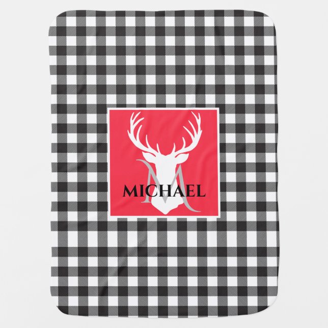 Black White Red Buffalo Plaid Deer Baby Name Baby Blanket (Front)