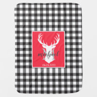 Black White Red Buffalo Plaid Deer Baby Name Baby Blanket