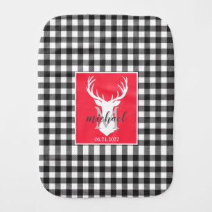 Black White Red Buffalo Plaid Deer Baby Name Baby Burp Cloth