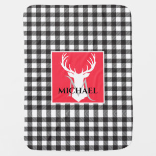 Black White Red Buffalo Plaid Deer Baby Name Blanket