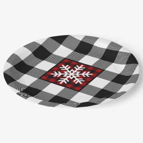 Black White Red Buffalo Plaid Snowflake Paper Plates