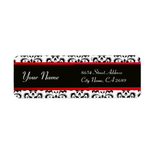 BLACK WHITE RED BURGUNDY DAMASK LABEL