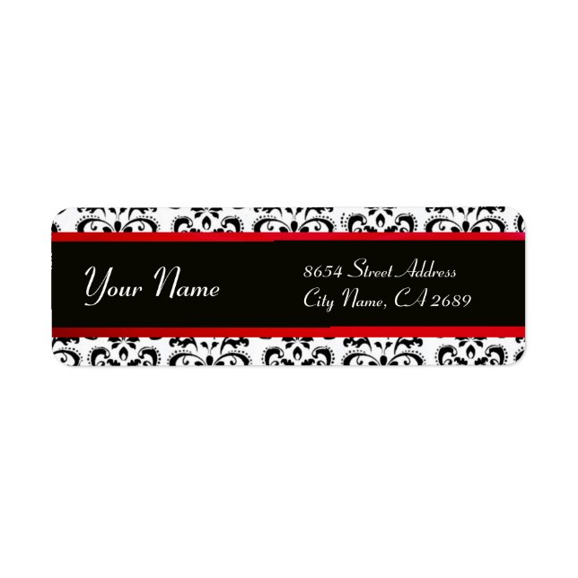 BLACK WHITE RED BURGUNDY DAMASK LABEL (Front)