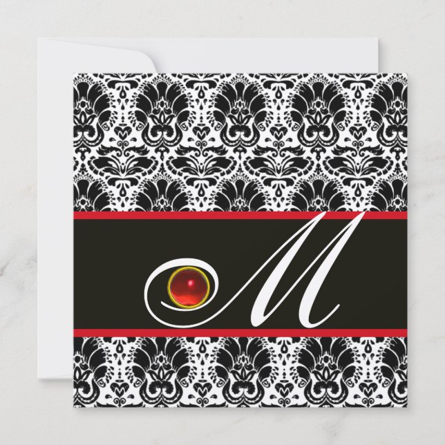 BLACK WHITE RED CHAMPAGNE DAMASK MONOGRAM Ruby Invitation (Front)