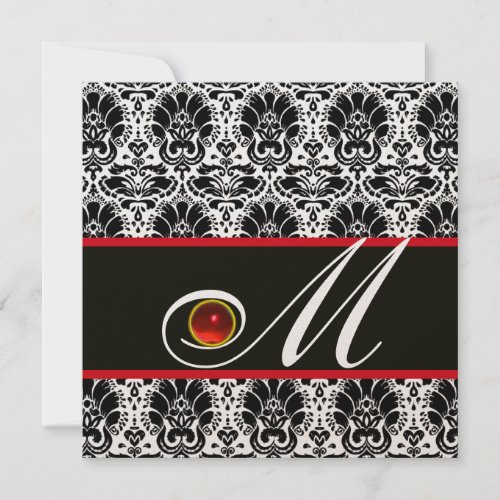 BLACK WHITE RED CHAMPAGNE DAMASK MONOGRAM Ruby Invitation