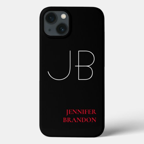 Black White Red Chic Monogrammed Add Name iPhone 13 Case