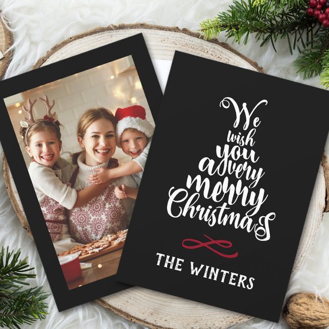 Black White Red Christmas Tree Lettering Photo Holiday Card (Creator Uploaded)