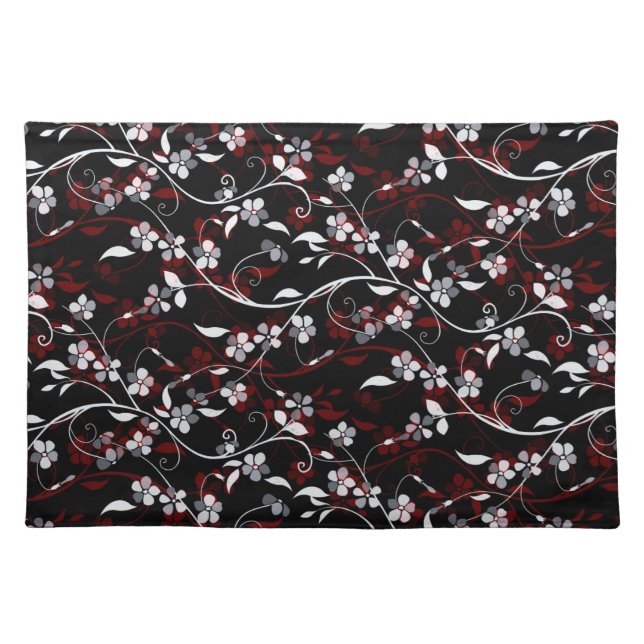 Black White & Red Dainty Floral Pattern Cloth Placemat (Front)