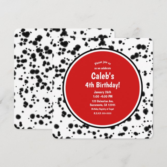 Black White Red Dalmatian Spots Birthday Party Invitation (Front/Back)