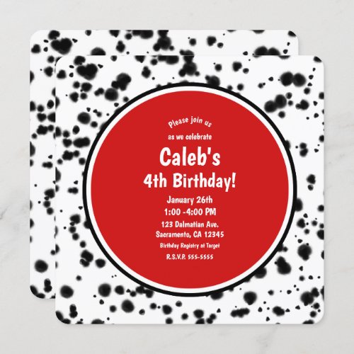 Black White Red Dalmatian Spots Birthday Party Invitation
