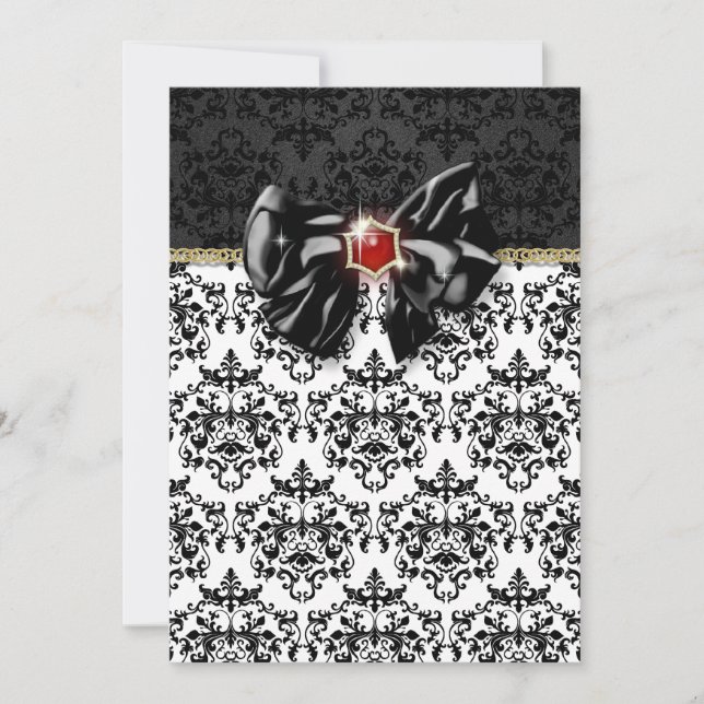 Black white red damask elegant invitation (Front)