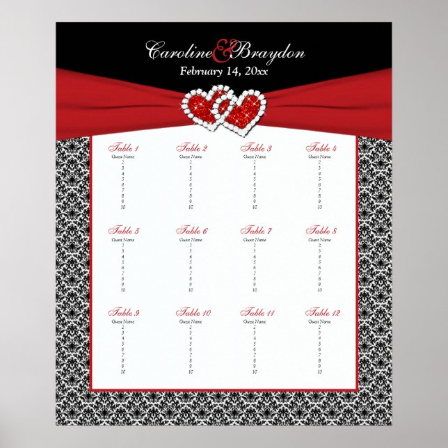 Black White Red Damask Heart Table Seating Poster (Front)