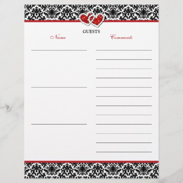 Black White Red Damask, Hearts Guest Book Paper (Front)