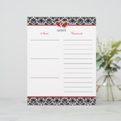 Black White Red Damask, Hearts Guest Book Paper (Standing Front)