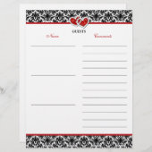 Black White Red Damask, Hearts Guest Book Paper (Front/Back)