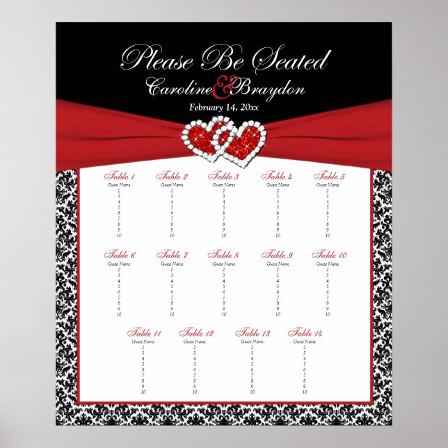 Black White Red Damask Hearts Table Seating Poster (Front)