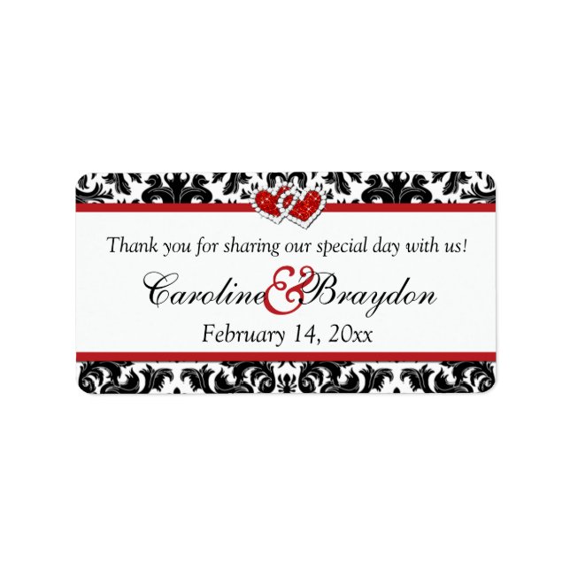 Black White Red Damask, Hearts Wedding Favor Label (Front)