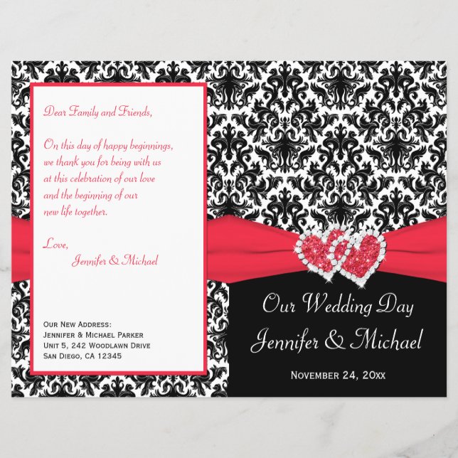 Black White Red Damask Hearts Wedding Program (Front)