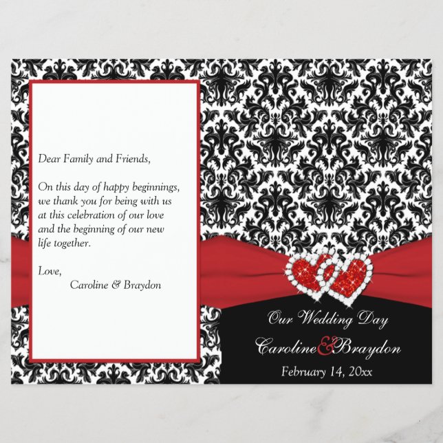 Black White Red Damask, Hearts Wedding Program (Front)